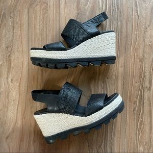 SOREL Black Leather Espadrille Wedge Sandals